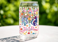 A drinking glass themed around Día de los Muertos featuring a cat and a dog